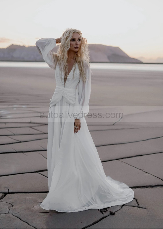 Deep V Neck Ivory Chiffon Slit Wedding Dress